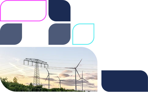 Torre de transmissão e usina eólica em paisagem